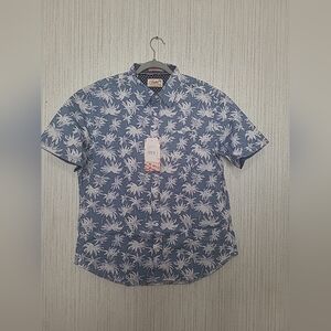 NWT Jachs New York Large Blue Tropical Pam Tree Print Short Sleeve Button Up